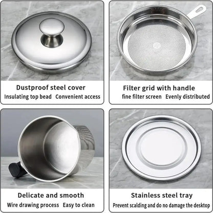 Contemporary Stainless Steel Oil Dispenser with Tray and Lid, Featuring Integrated Filter - Multifunctional Kitchen Oil Container