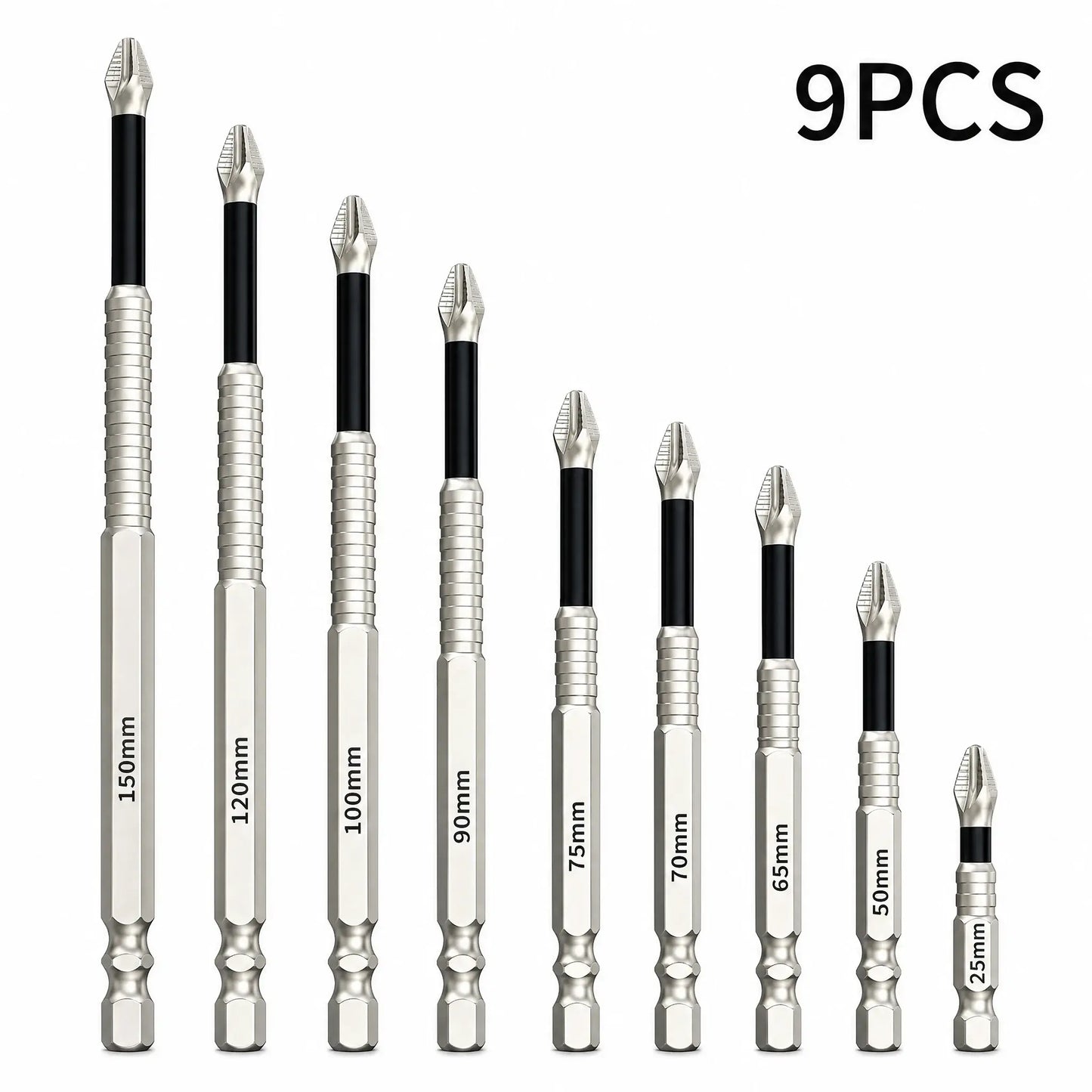 Professional Magnetic Impact Driver Bit Set, S2 Steel Phillips Bits (6/9PCS), 25mm-150mm, 1/4 Inch Hex Shank, Anti-Slip Power Bits for Drills and Electric Screwdrivers