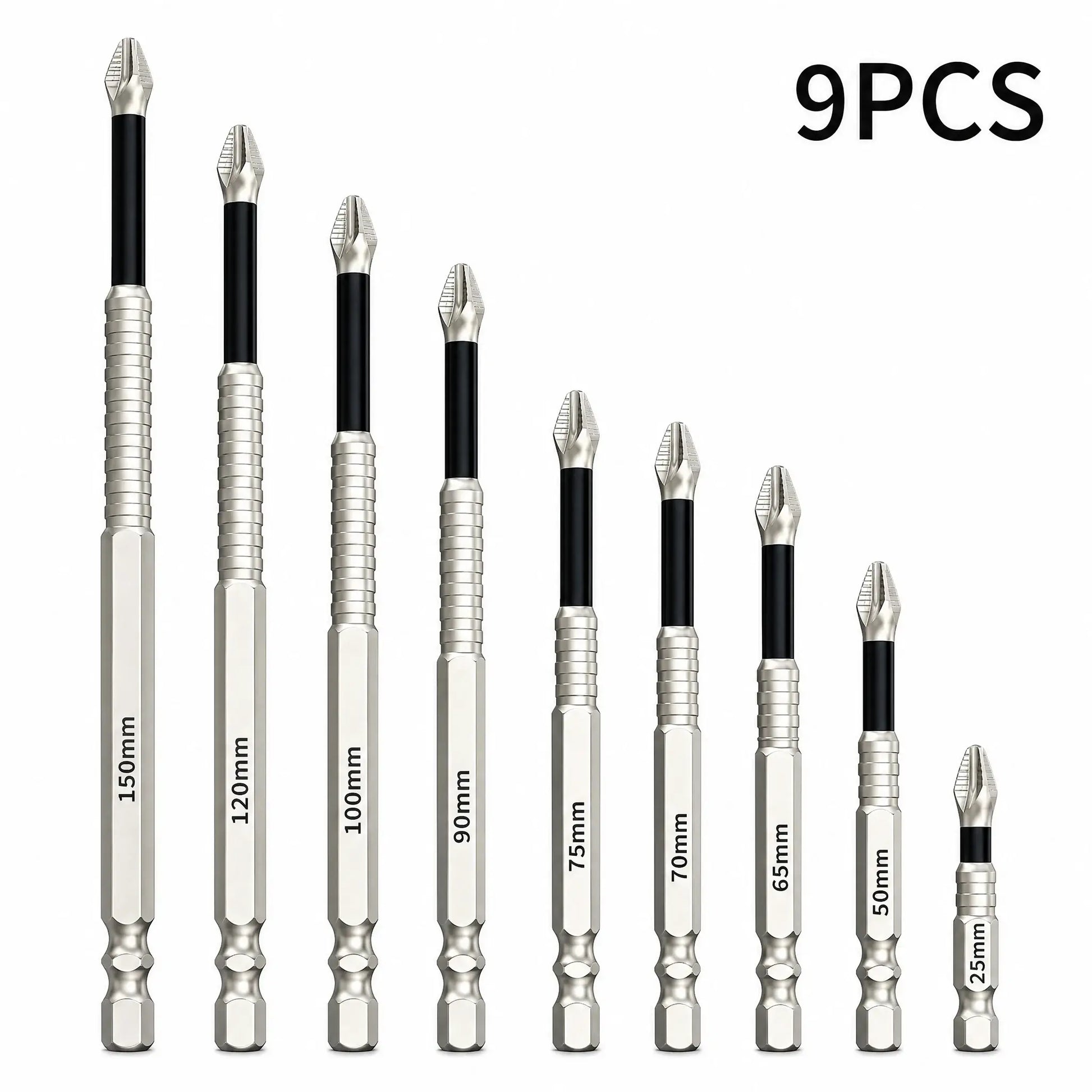 Professional Magnetic Impact Driver Bit Set, S2 Steel Phillips Bits (6/9PCS), 25mm-150mm, 1/4 Inch Hex Shank, Anti-Slip Power Bits for Drills and Electric Screwdrivers