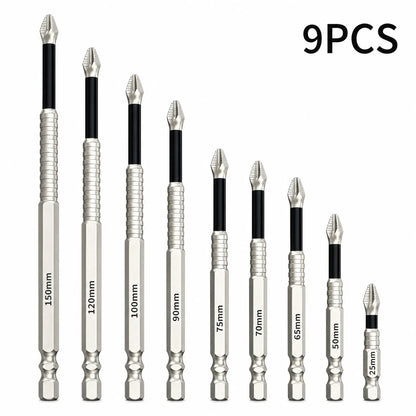 Professional Magnetic Impact Driver Bit Set, S2 Steel Phillips Bits (6/9PCS), 25mm-150mm, 1/4 Inch Hex Shank, Anti-Slip Power Bits for Drills and Electric Screwdrivers