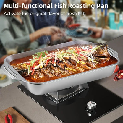 Extra Large Stainless Steel Baking Pan Set with Lids - Non-Stick Thick-Bottomed Rectangular Oven Trays for Desserts, Bread, and Seafood - Ideal for Grilling and Buffet Serving - Oven Safe - Perfect Gift for Mother's Day