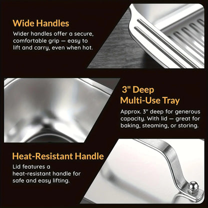 Extra Large Stainless Steel Baking Pan Set with Lids - Non-Stick Thick-Bottomed Rectangular Oven Trays for Desserts, Bread, and Seafood - Ideal for Grilling and Buffet Serving - Oven Safe - Perfect Gift for Mother's Day