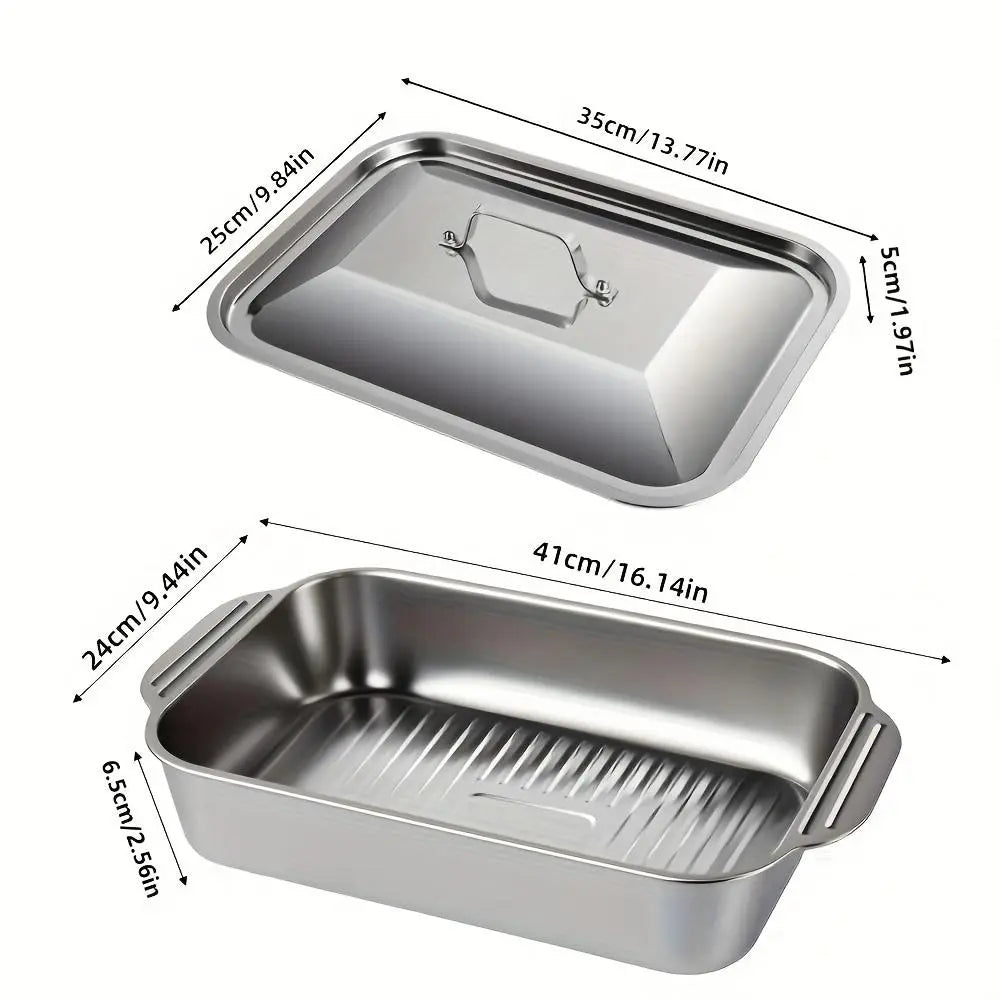 Extra Large Stainless Steel Baking Pan Set with Lids - Non-Stick Thick-Bottomed Rectangular Oven Trays for Desserts, Bread, and Seafood - Ideal for Grilling and Buffet Serving - Oven Safe - Perfect Gift for Mother's Day