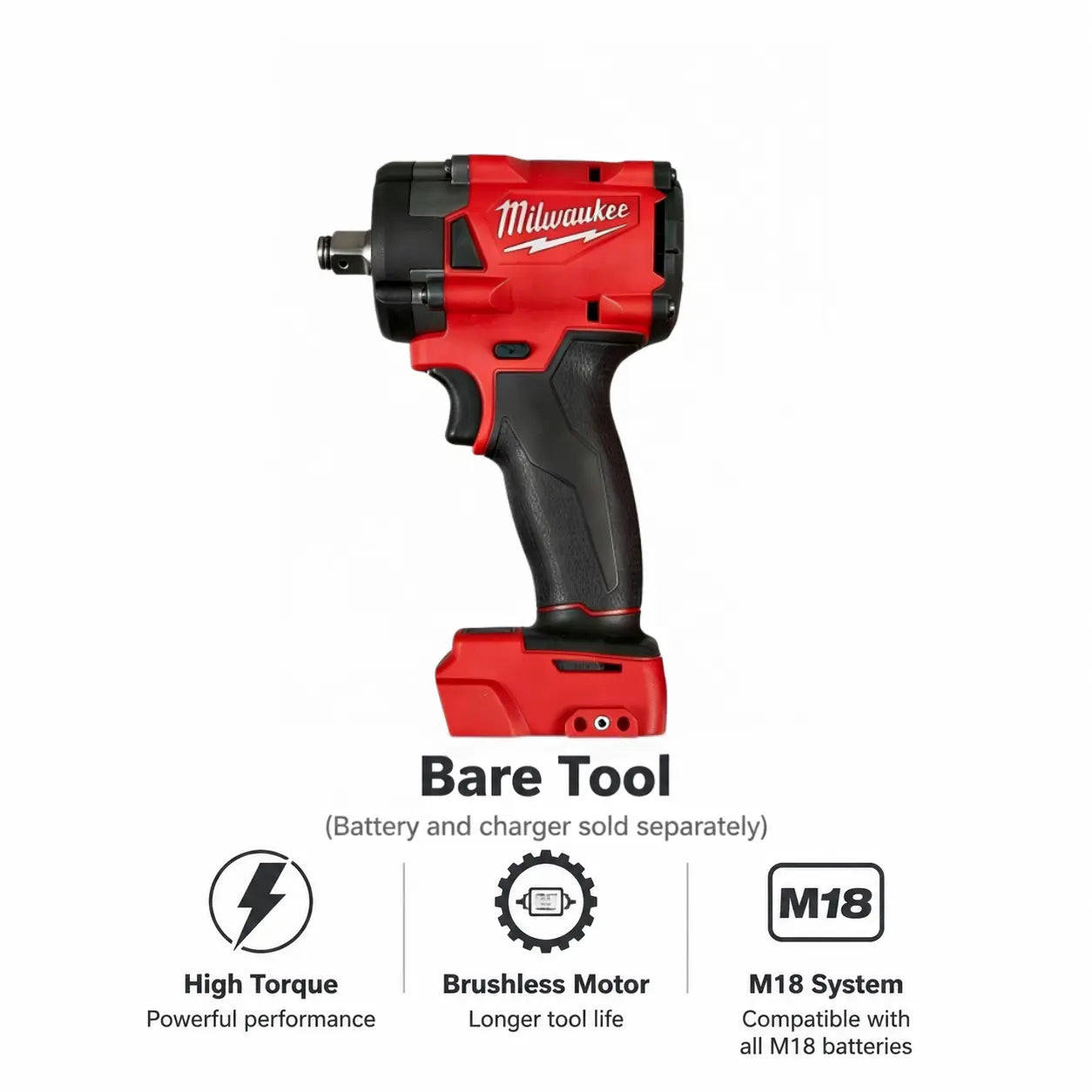 Milwaukee M18 FIW212 18V Cordless Impact Wrench, 1/2" Square Drive, 300Nm Torque, Adjustable No-Load Variable Speed, and Variable IPM for Mechanical Repair and Steel Fastening