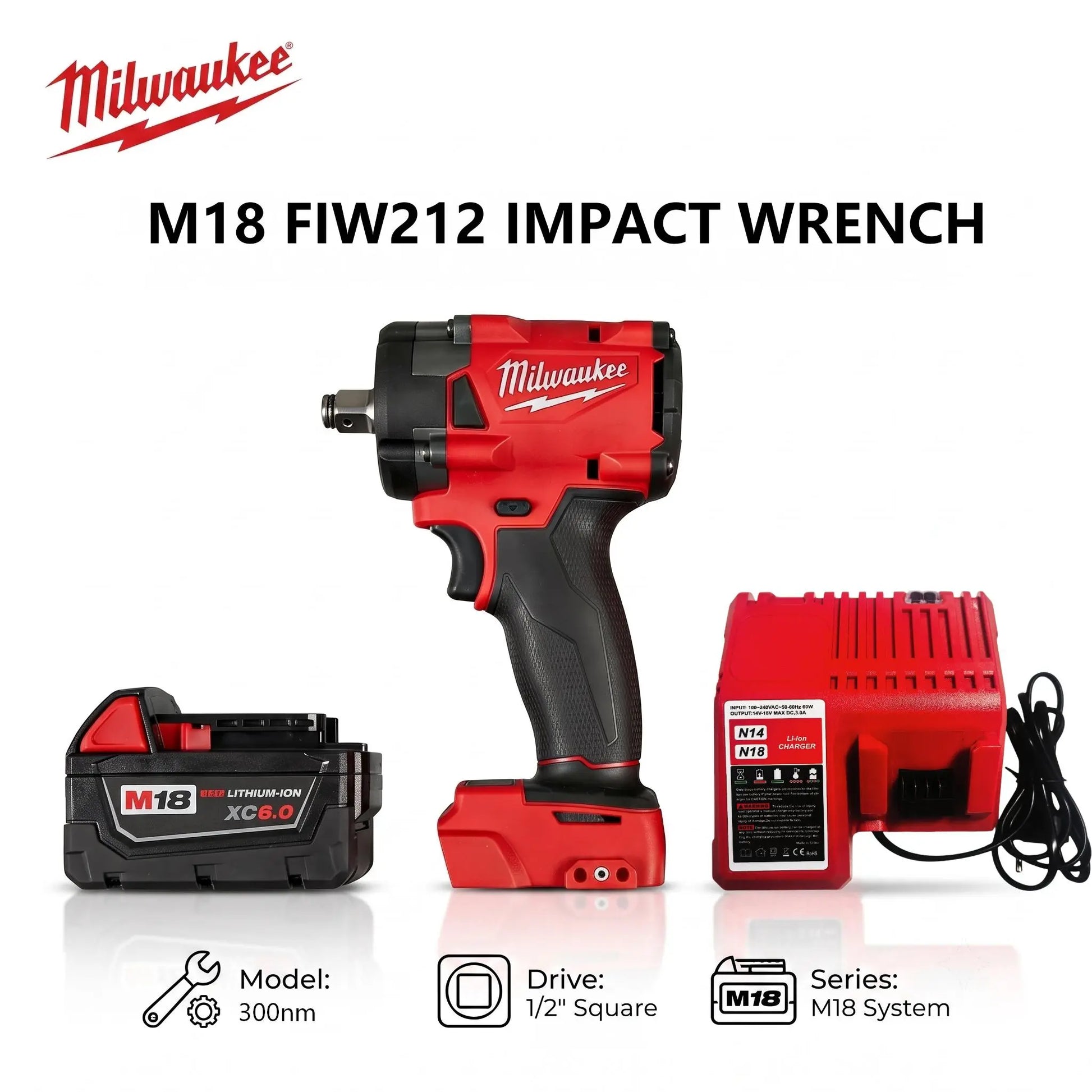 Milwaukee M18 FIW212 18V Cordless Impact Wrench, 1/2" Square Drive, 300Nm Torque, Adjustable No-Load Variable Speed, and Variable IPM for Mechanical Repair and Steel Fastening