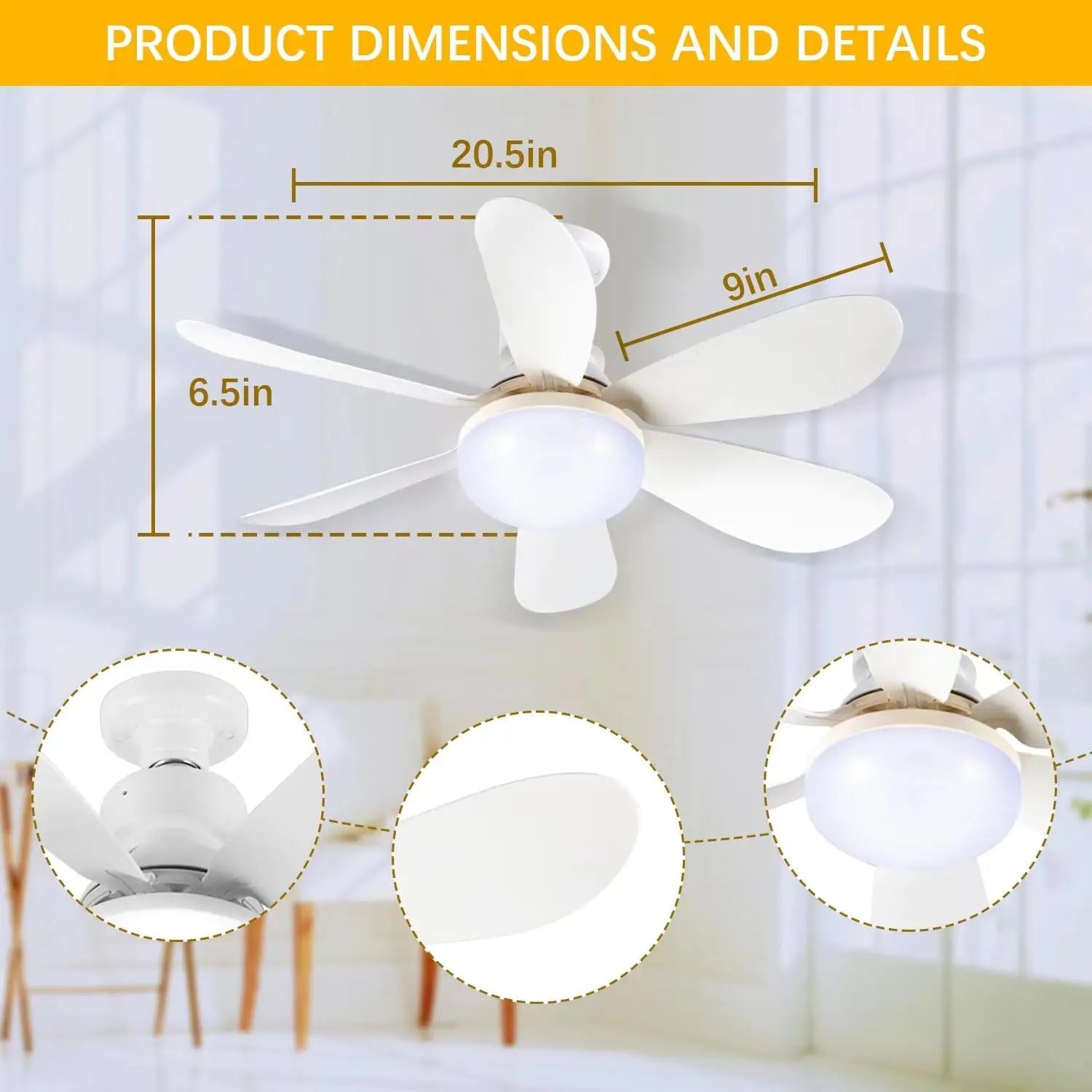 20.5-Inch Dimmable Socket Fan Light with Remote Control for Versatile Indoor Use in Garage, Kitchen, Bedroom, Balcony, Living Room, and Laundry Room