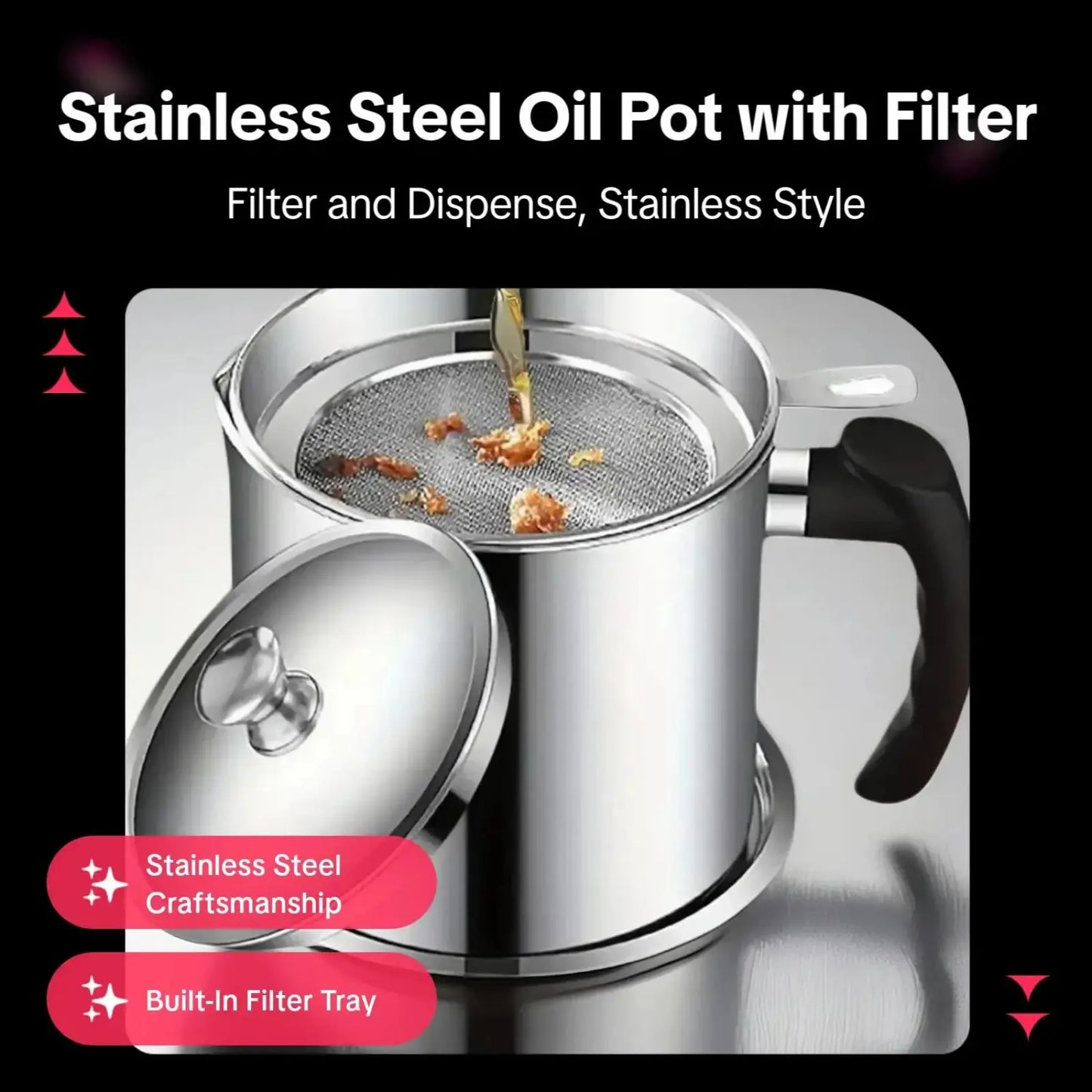 Contemporary Stainless Steel Oil Dispenser with Tray and Lid, Featuring Integrated Filter - Multifunctional Kitchen Oil Container
