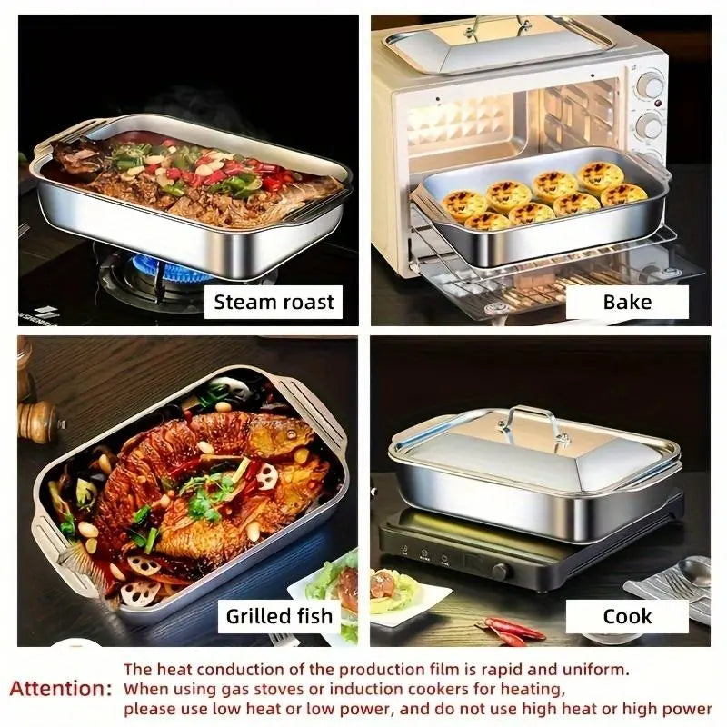 Extra Large Stainless Steel Baking Pan Set with Lids - Non-Stick Thick-Bottomed Rectangular Oven Trays for Desserts, Bread, and Seafood - Ideal for Grilling and Buffet Serving - Oven Safe - Perfect Gift for Mother's Day