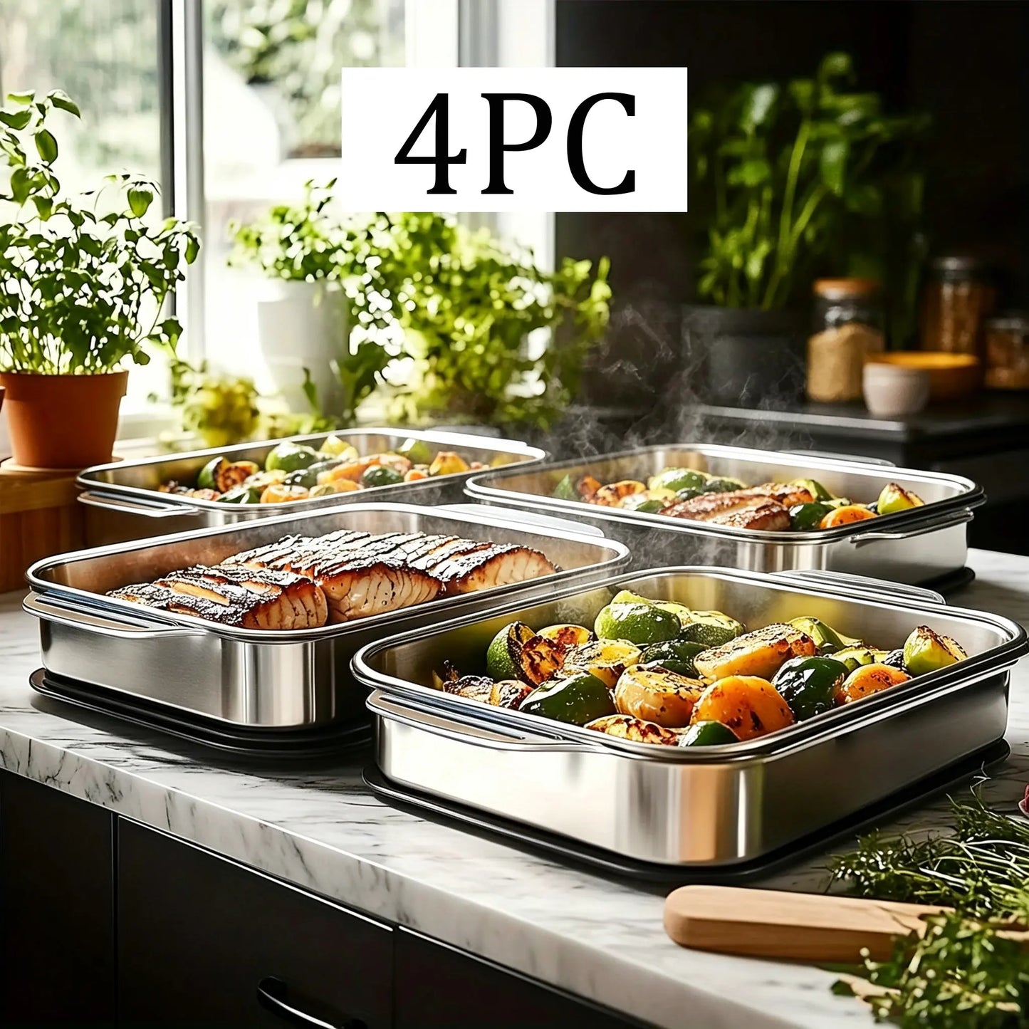 Extra Large Stainless Steel Baking Pan Set with Lids - Non-Stick Thick-Bottomed Rectangular Oven Trays for Desserts, Bread, and Seafood - Ideal for Grilling and Buffet Serving - Oven Safe - Perfect Gift for Mother's Day