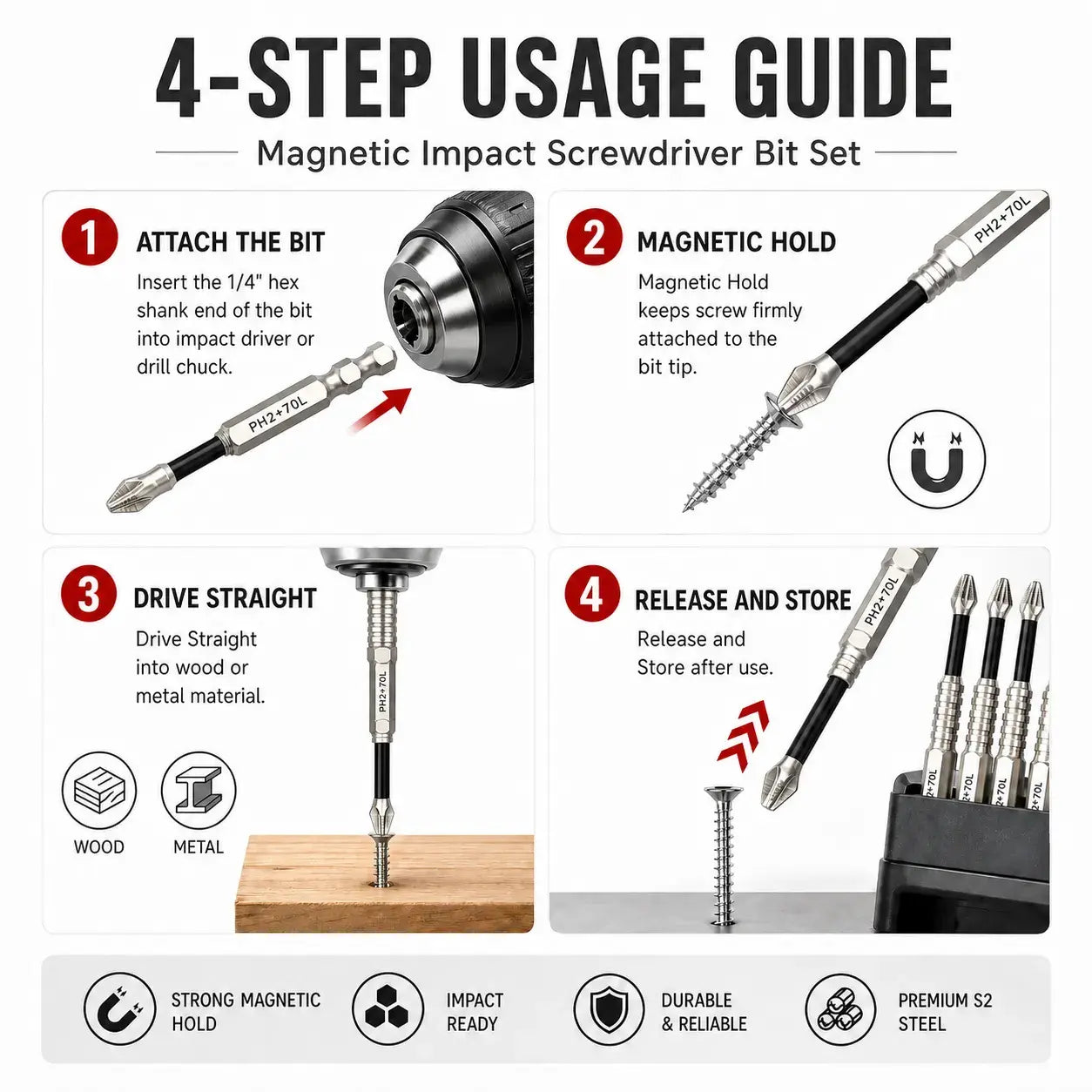 Professional Magnetic Impact Driver Bit Set, S2 Steel Phillips Bits (6/9PCS), 25mm-150mm, 1/4 Inch Hex Shank, Anti-Slip Power Bits for Drills and Electric Screwdrivers