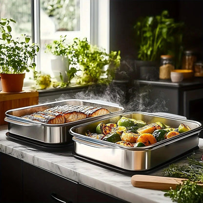 Extra Large Stainless Steel Baking Pan Set with Lids - Non-Stick Thick-Bottomed Rectangular Oven Trays for Desserts, Bread, and Seafood - Ideal for Grilling and Buffet Serving - Oven Safe - Perfect Gift for Mother's Day