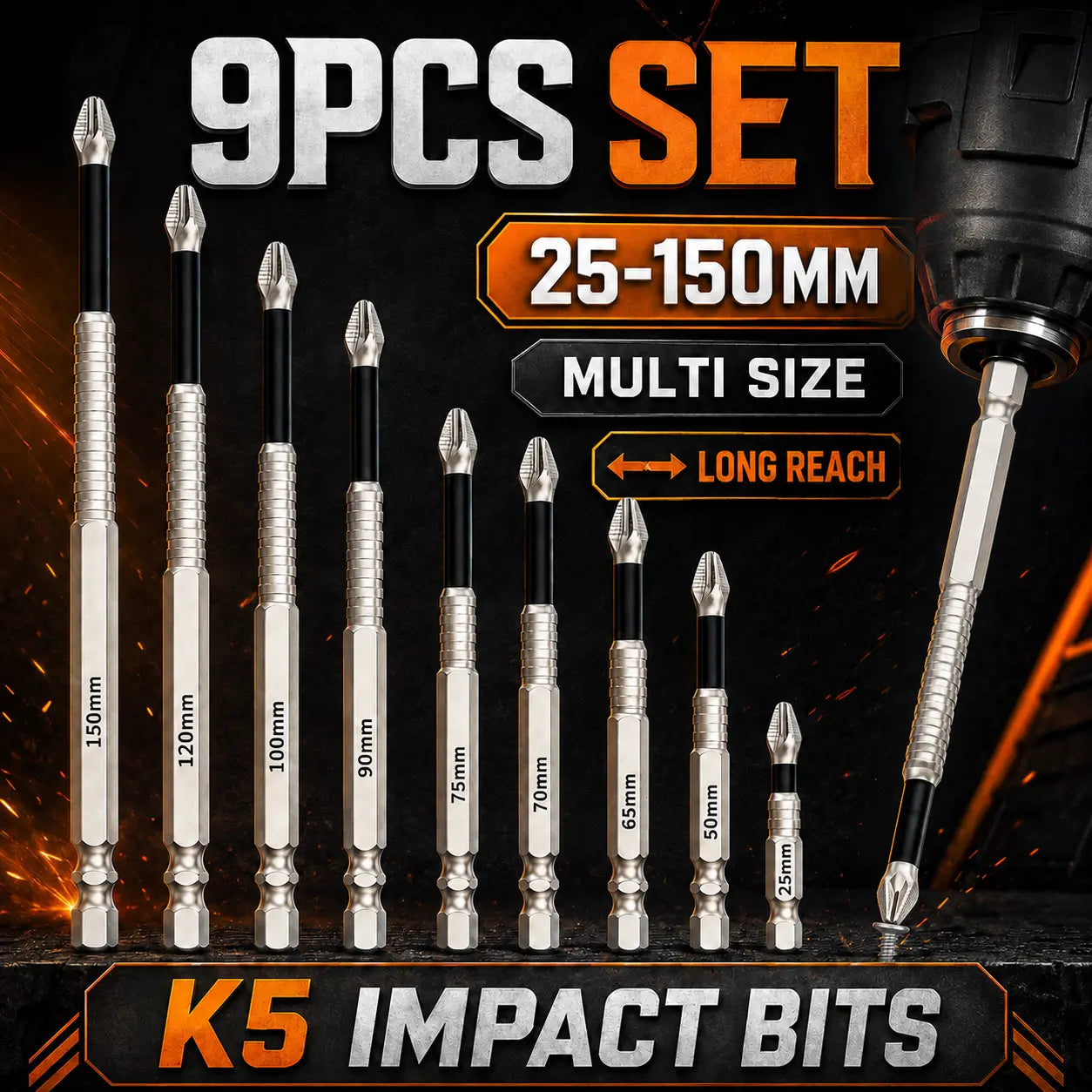 Professional Magnetic Impact Driver Bit Set, S2 Steel Phillips Bits (6/9PCS), 25mm-150mm, 1/4 Inch Hex Shank, Anti-Slip Power Bits for Drills and Electric Screwdrivers