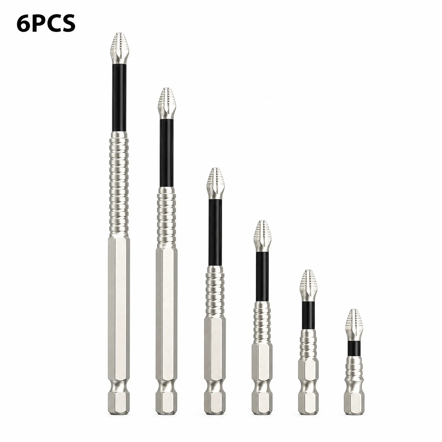 Professional Magnetic Impact Driver Bit Set, S2 Steel Phillips Bits (6/9PCS), 25mm-150mm, 1/4 Inch Hex Shank, Anti-Slip Power Bits for Drills and Electric Screwdrivers