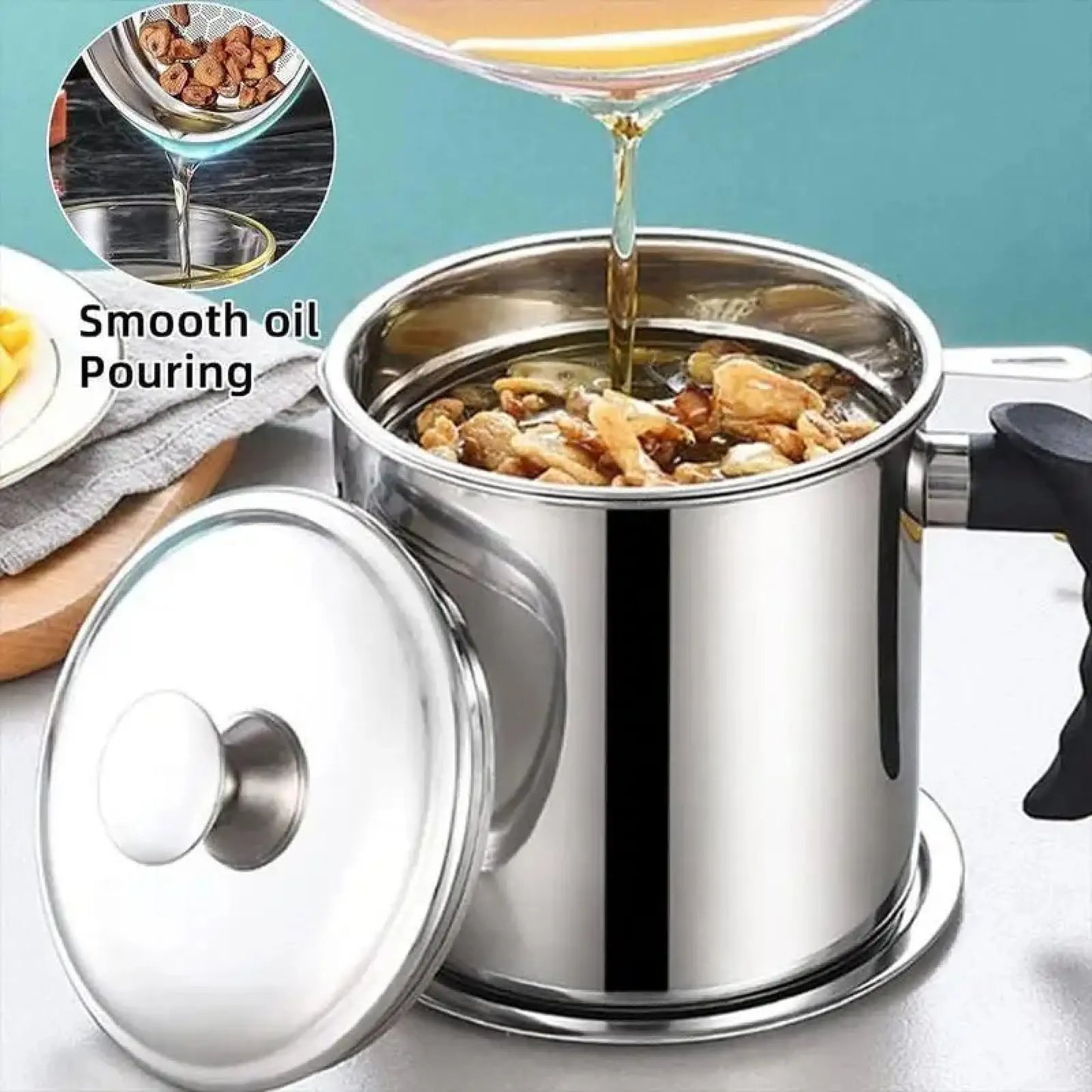 Contemporary Stainless Steel Oil Dispenser with Tray and Lid, Featuring Integrated Filter - Multifunctional Kitchen Oil Container