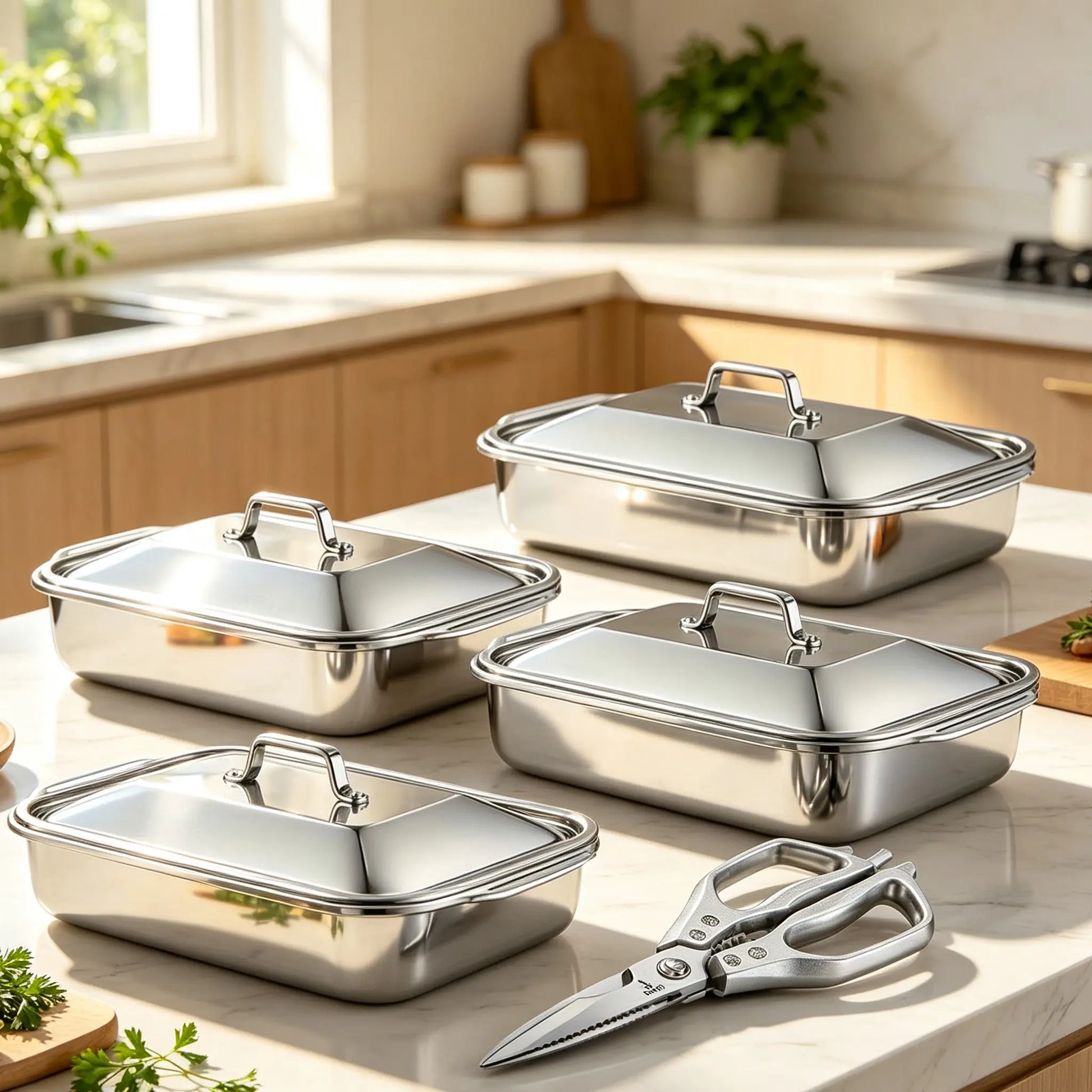 Extra Large Stainless Steel Baking Pan Set with Lids - Non-Stick Thick-Bottomed Rectangular Oven Trays for Desserts, Bread, and Seafood - Ideal for Grilling and Buffet Serving - Oven Safe - Perfect Gift for Mother's Day